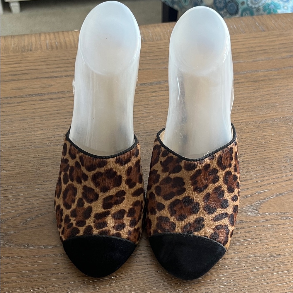 Ann Taylor Calf Hair Leopard Print Women's Mules Black Suede Toe Tip Size 6.5 - Picture 1 of 10